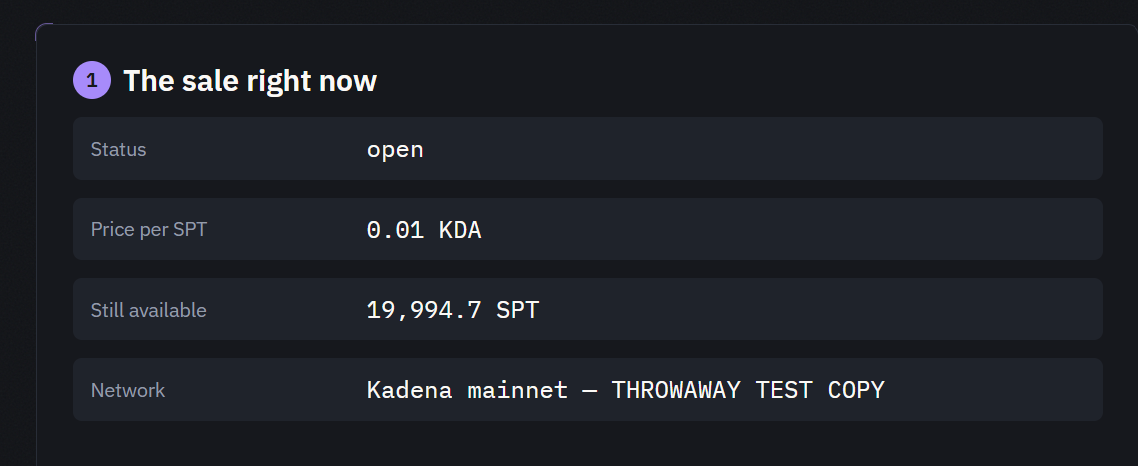 The sandbox sale page before connecting: status open, the made-up test price, and the network line marked THROWAWAY TEST COPY