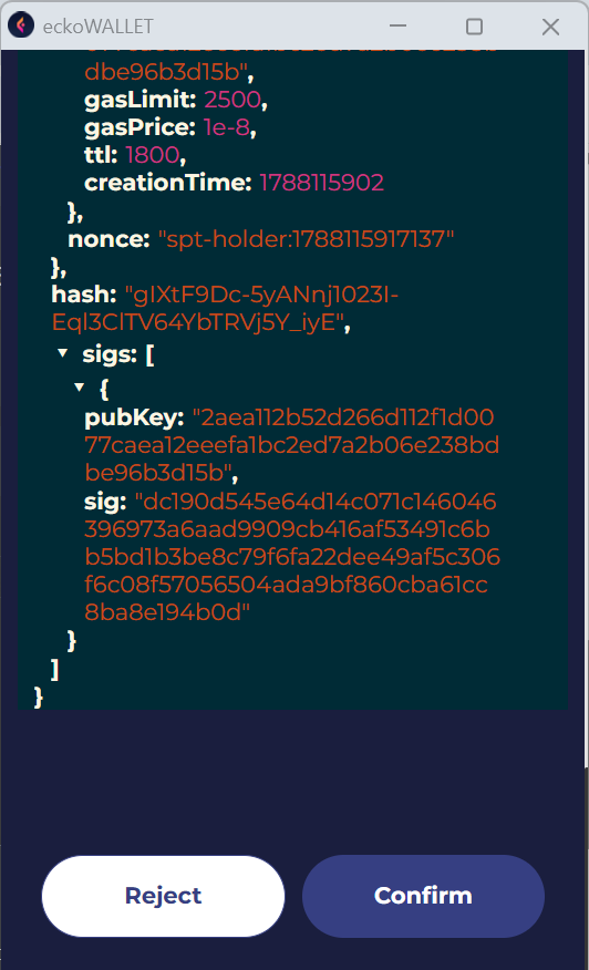eckoWALLET signing prompt showing the exact transaction, its hash and your public key before you confirm