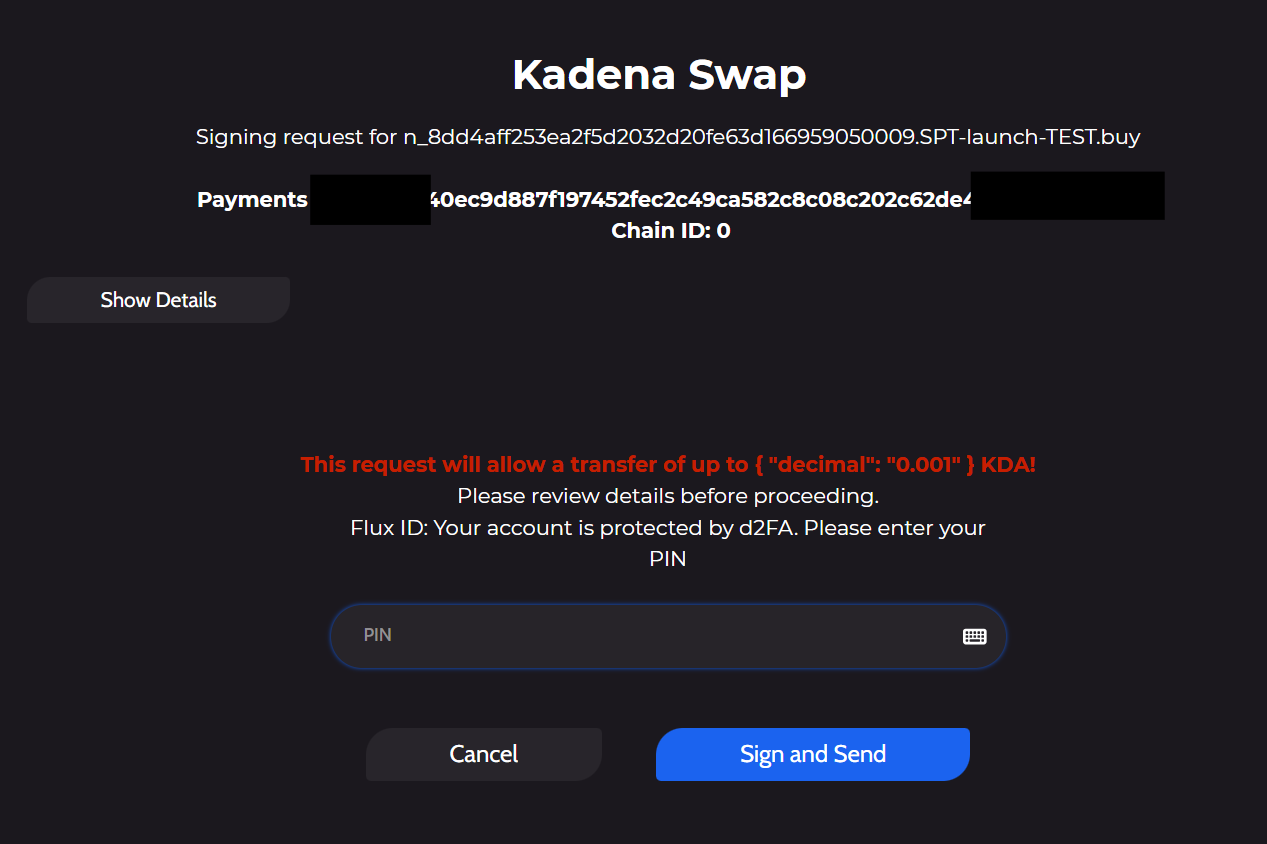 Zelcore signing request for the sandbox buy: the SPT-launch-TEST.buy call and the 0.001 KDA transfer it allows