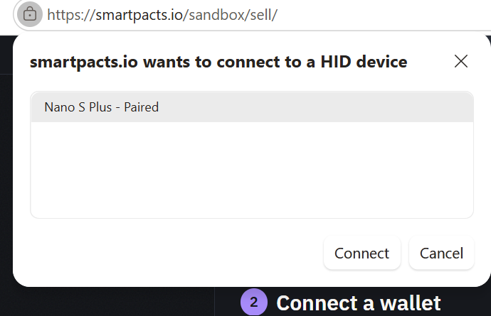 The browser's device picker on smartpacts.io listing a paired Ledger Nano S Plus