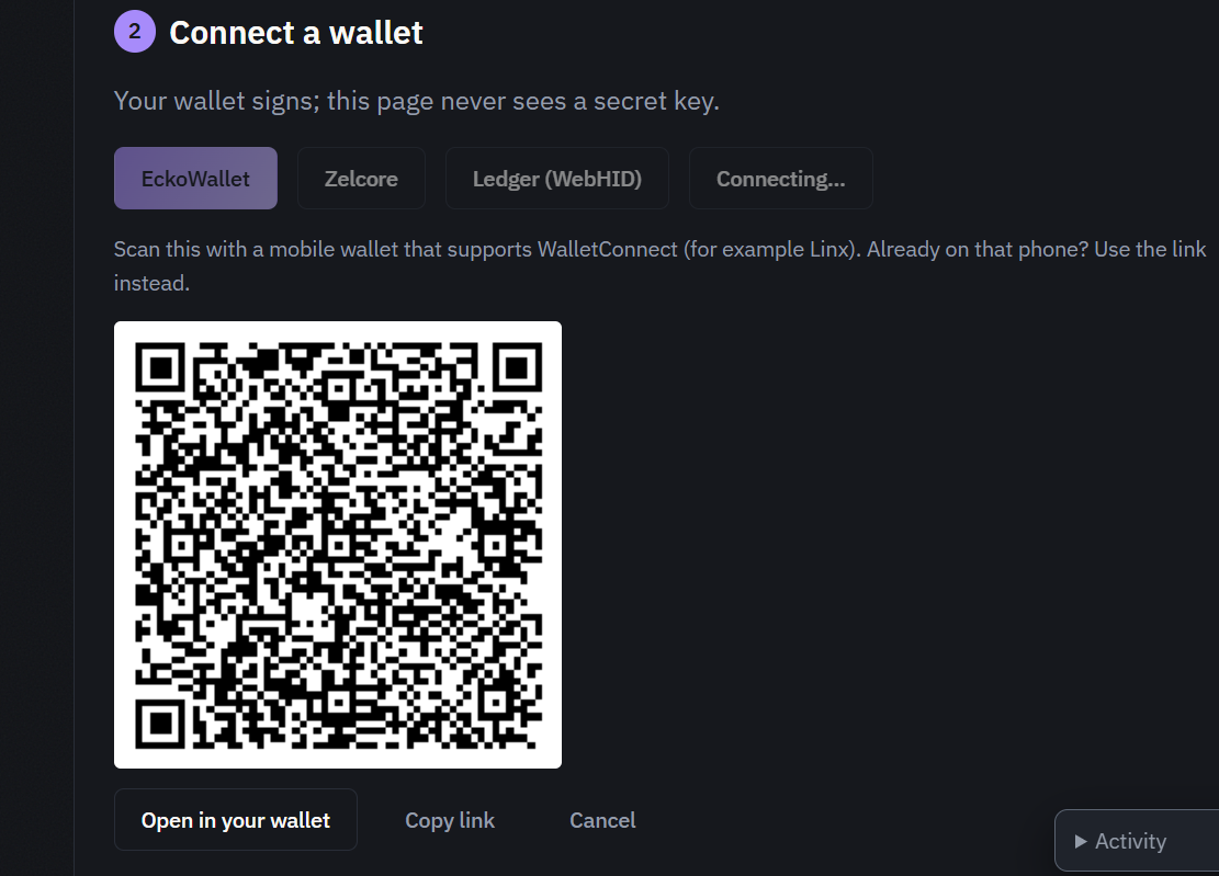 The page's WalletConnect QR panel waiting for a mobile wallet to scan it