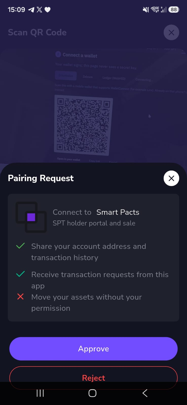 Linx on the phone showing the pairing request: connect to Smart Pacts, with what the site can and cannot do