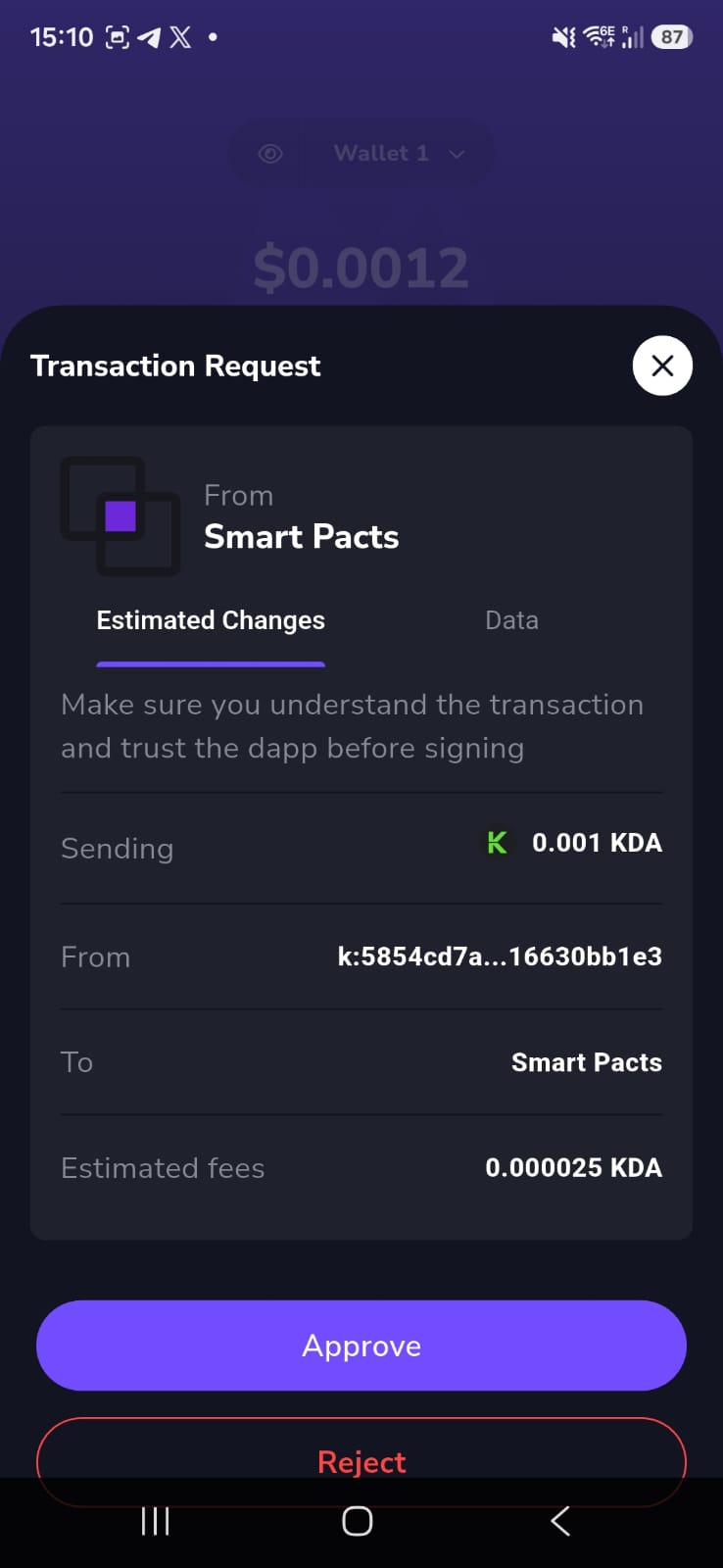 Linx on the phone showing the transaction request for the buy: 0.001 KDA with the estimated fee