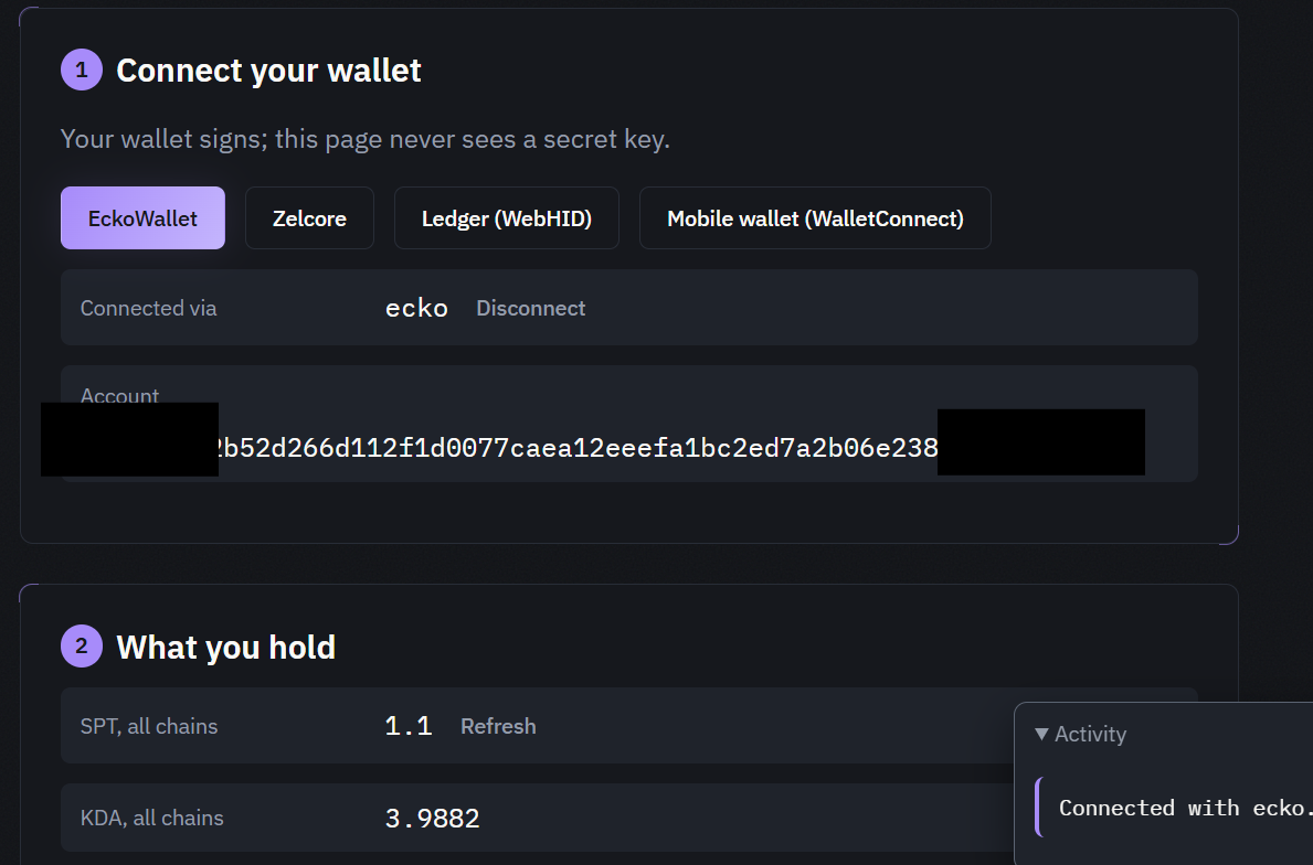 The holder page connected through Ecko: SPT and KDA balances summed across chains