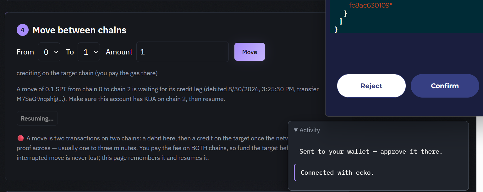 A paused move of 0.1 SPT from chain 0 to chain 2: the page remembers it and the resume flow is running
